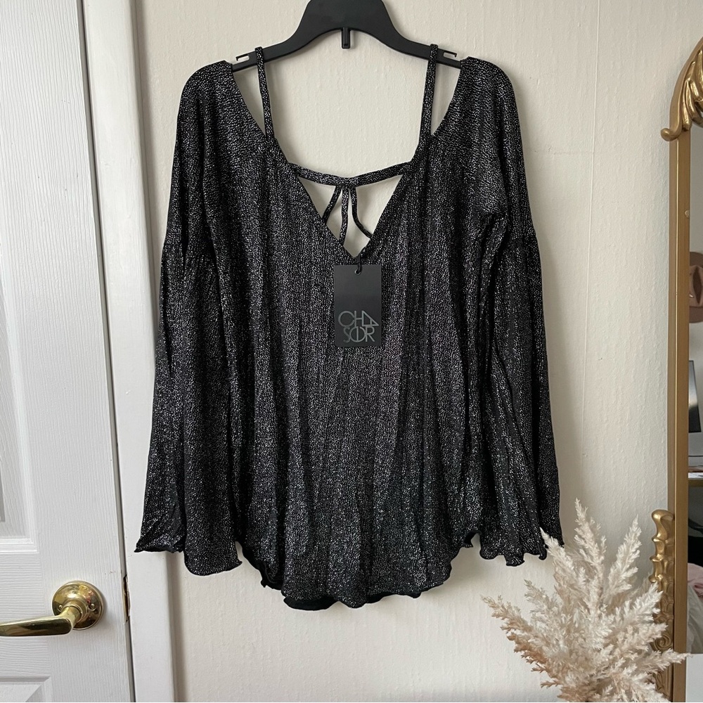 NWT Chaser/Revolve Glitter Long Sleeve Strappy Top 🖤✨ M